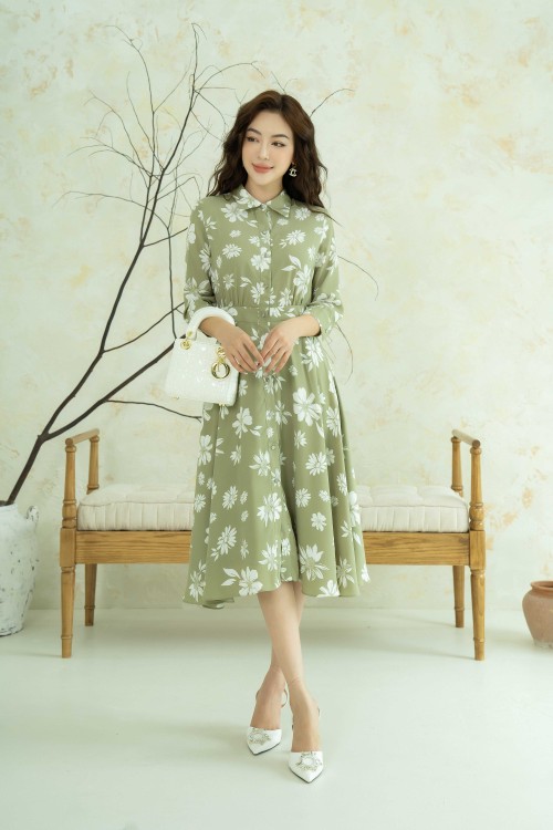 Sixdo Olive Floral Midi Silk Dress